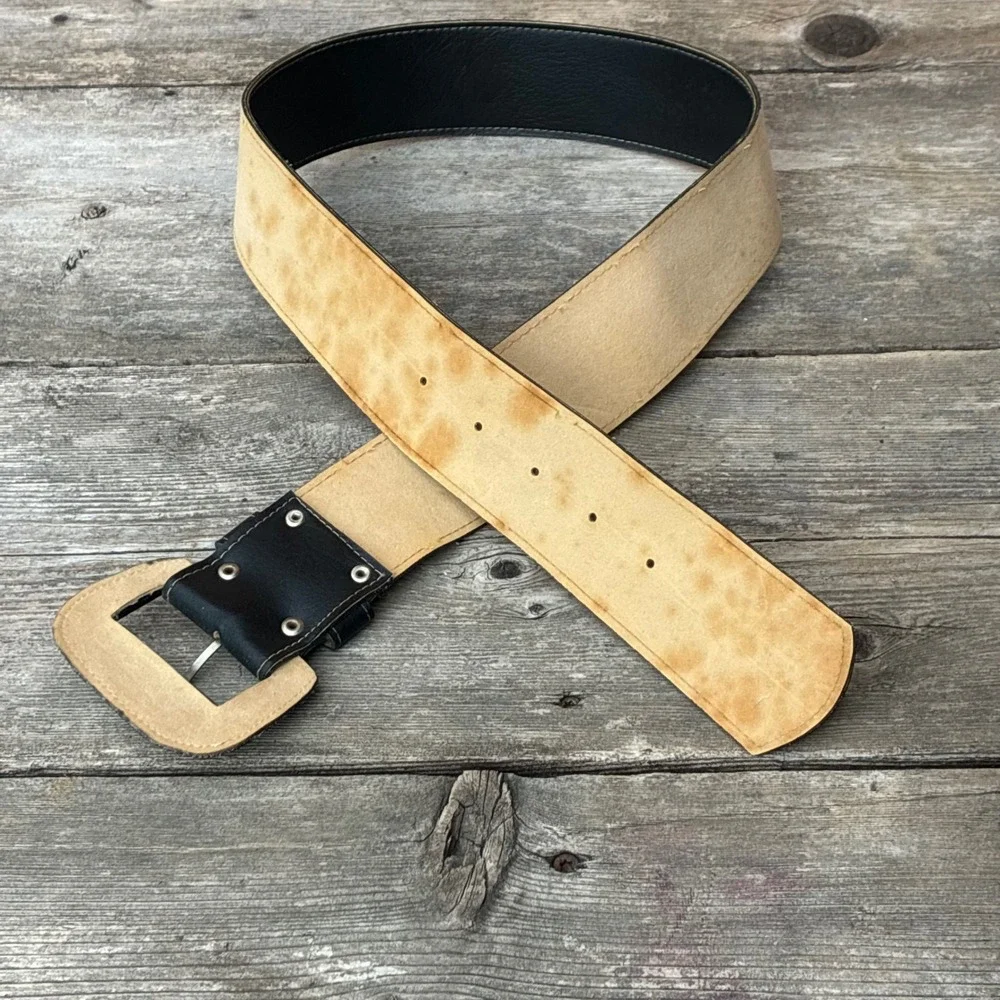 Vintage Wide Black Leather Waist Belt Covered Square Buckle Contrast Stitching
